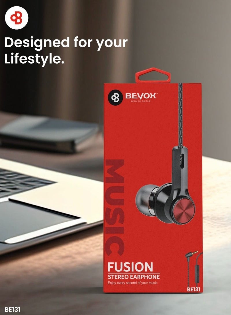 بيوكس سماعات أذن ستيريو سلكية BEYOX Fusion (BE131) | سماعات داخل الأذن بمحركات صوتية 10 مم، صوت جهير عميق، منفذ صوت 3.5 مم، ميكروفون مدمج | أحمر وأسود - Image 2
